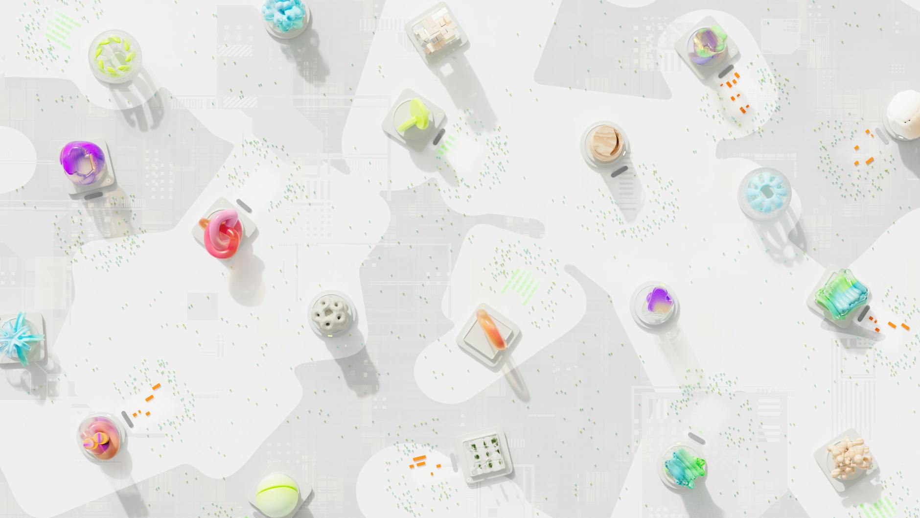 Kolorowe bryły 3D na tle przypominającym obwód drukowany